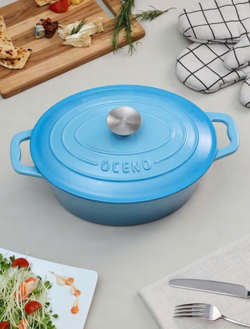 Nồi gang oval Oceno, size 28cm, màu xanh light blue OCP-1389