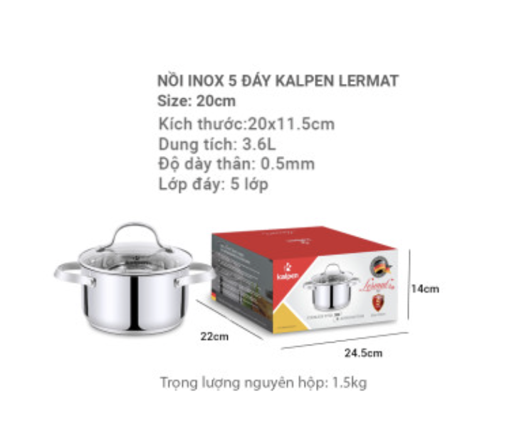 Nồi Inox 5 lớp đáy Kalpen Lermat L20