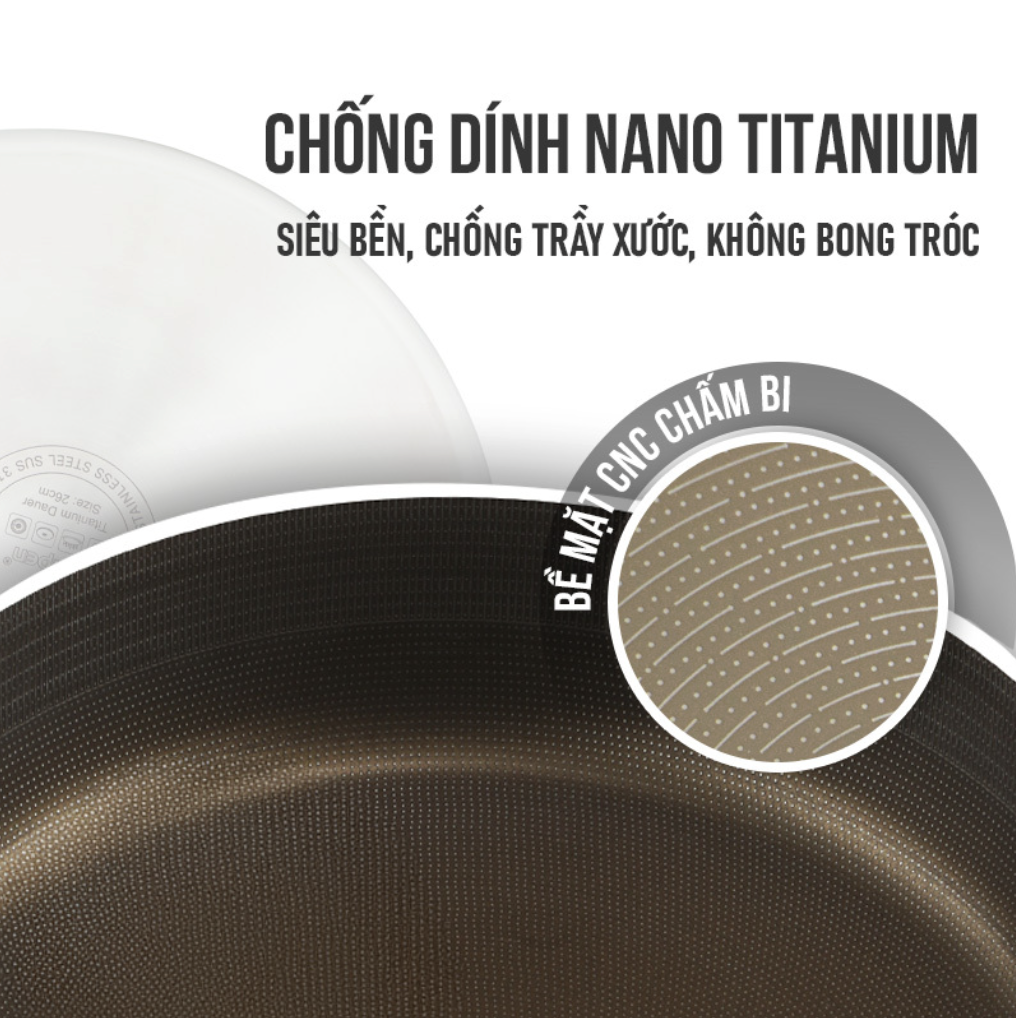 CHẢO INOX 304 LIỀN KHỐI PHỦ TITANIUM KALPEN DAUER TD20