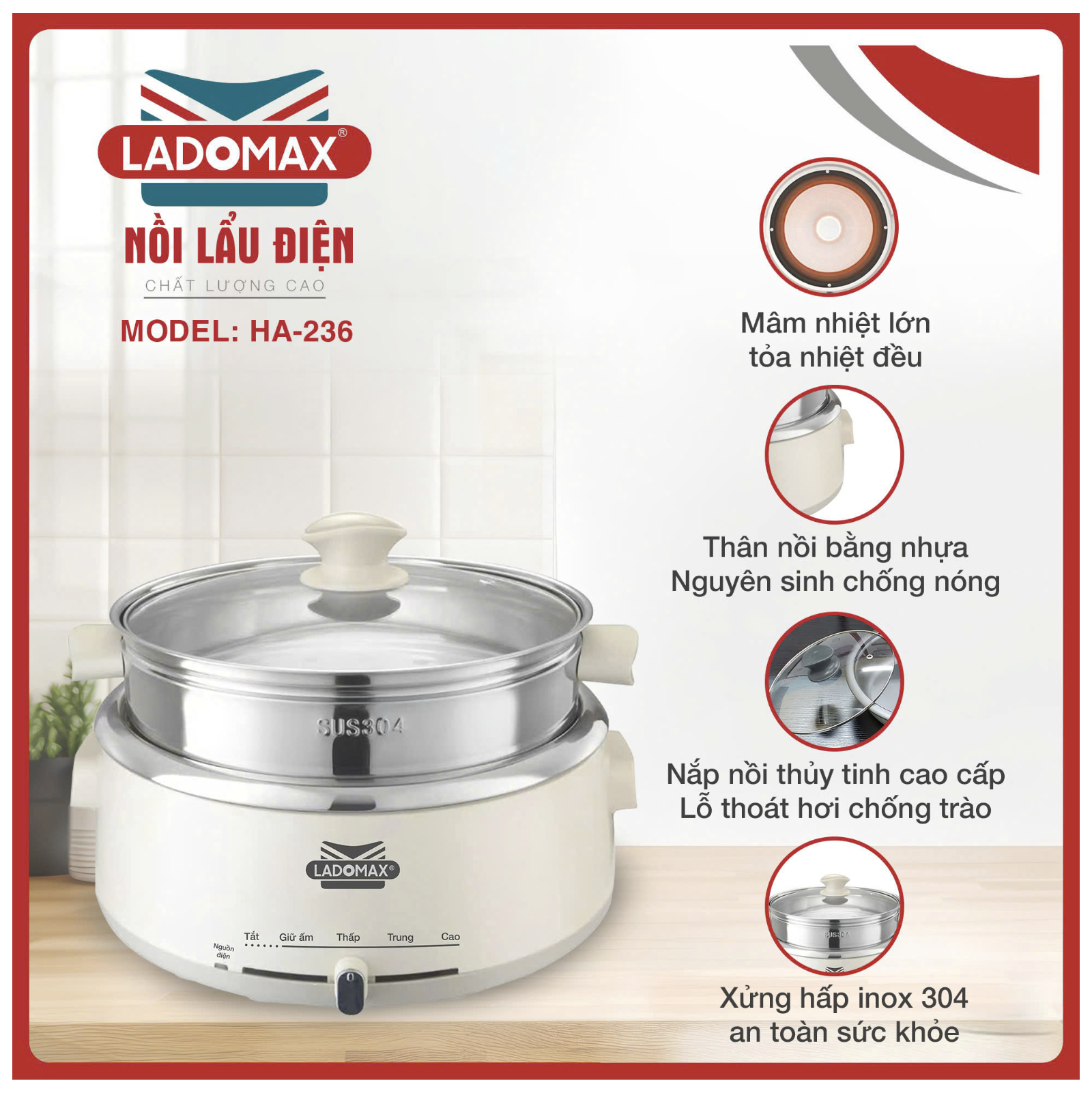 Nồi lẩu điện lòng Inox Ladomax HA-236