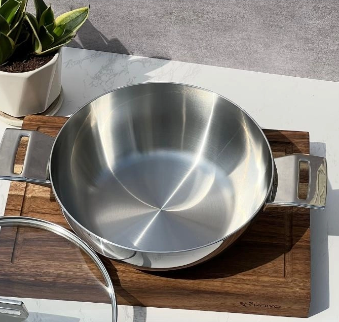 Chảo inox 3 lớp đáy liền sâu lòng Tri-Ply Kaiyo 2 tay cầm, size 24cm KDW-3611