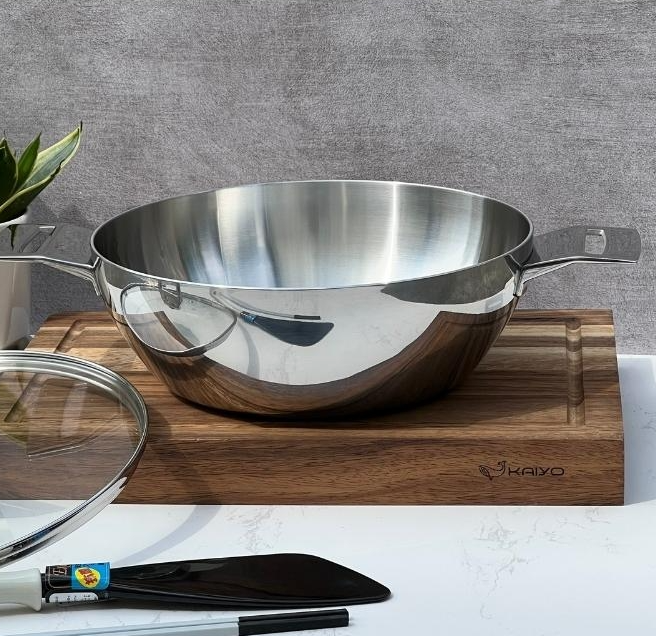 Chảo inox 3 lớp đáy liền sâu lòng Tri-Ply Kaiyo 2 tay cầm, size 24cm KDW-3611