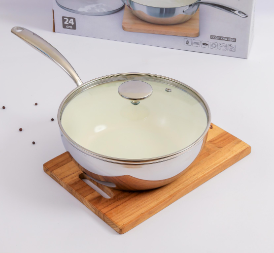 Chảo inox chống dính Ceramic Kaiyo, sâu lòng có vung kính size 24cm KNW-6698