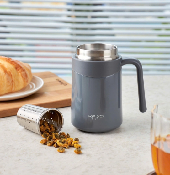 Cốc giữ nhiệt 2 lớp inox Kaiyo kèm lõi lọc trà 350ml, màu ghi KTM-6667