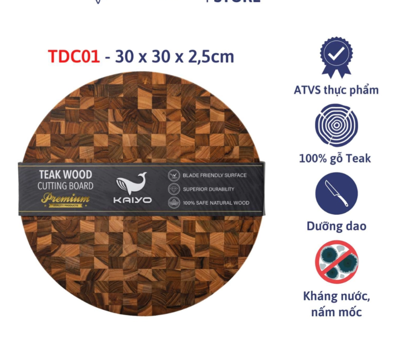 Thớt thái gỗ Teak đầu cây Kaiyo hình tròn 30 x 2,5cm tdc01
