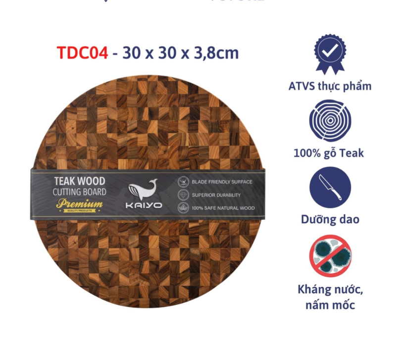 Thớt chặt gỗ Teak đầu cây Kaiyo hình tròn 30 x 3,8cm TDC04