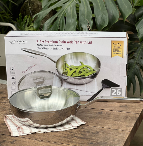 Chảo inox 316 liền khối 5- ply Premium Kaiyo -sâu lòng có vung kính 24cm KIW-3819