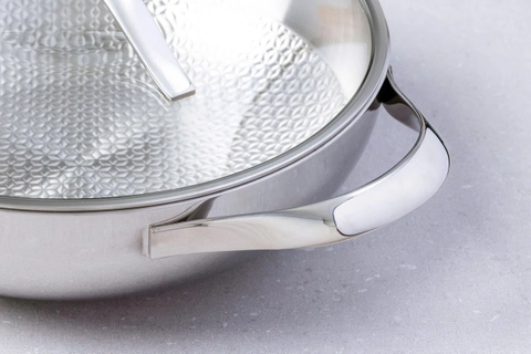 Chảo đúc inox 3 lớp đáy liền dập nổi Kaiyo, sâu lòng, 2 tay cầm, vung kính, size 28cm KIW-6766